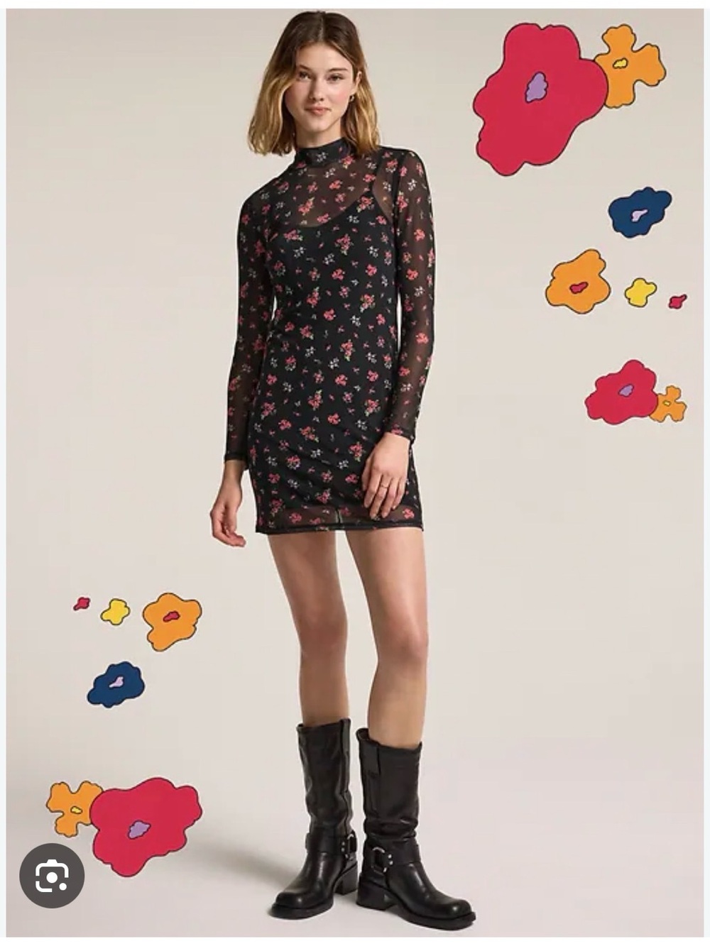 Anna Sui x Old Navy Black Floral Mesh Long-Sleeve Mini Dress